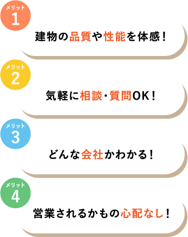 メリット1 建物の品質や性能を体感! メリット2 気軽に相談・質問OK! メリット3 どんな会社かわかる! メリット4 営業されるかもの心配なし!