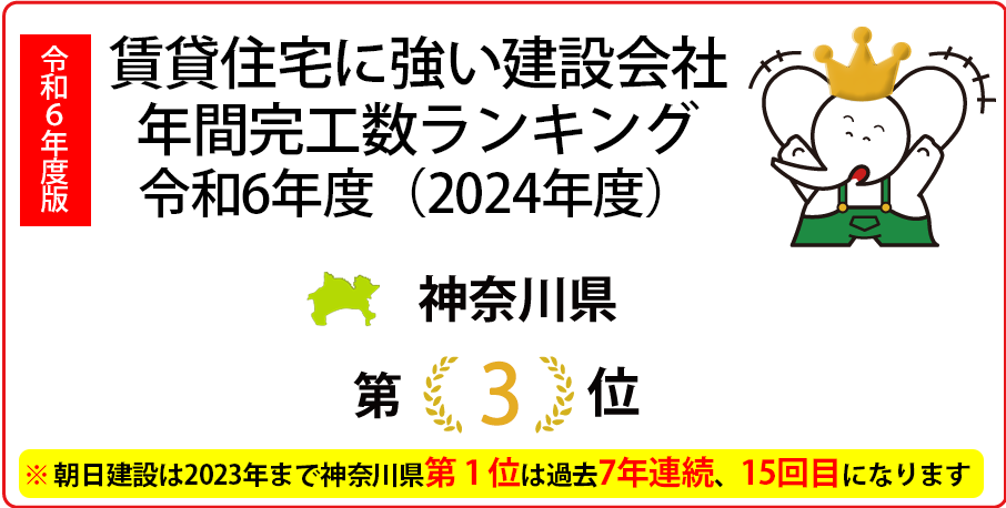 関東エリア賃貸住宅に強い建設会社年間完工数ランキング2023年度まで 7年連続、神奈川県1位は「15回目」になります　今回は神奈川県では第3位です